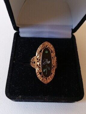 Gold Filigree Black Oval Floral Inlay Ring